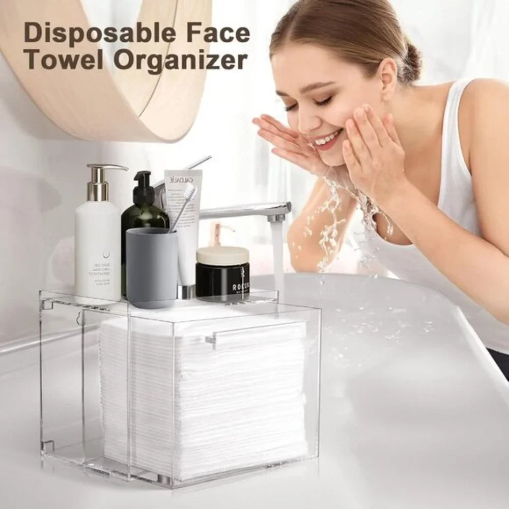 New Clean XL Acrylic Facial Towel Storage Box, Wall-Mount Organizer with Drawer